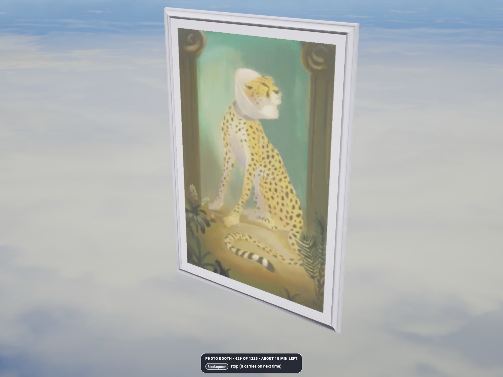 A framed painting in the photo booth with a progress bar reading 429 of 1225